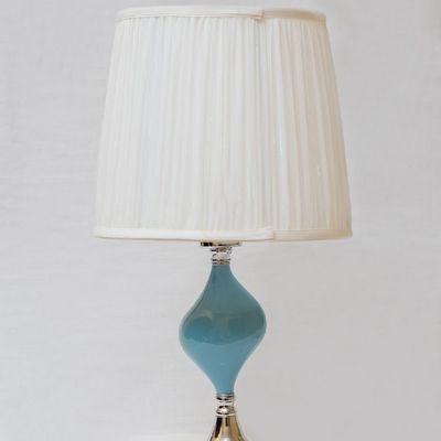 White Table Lamp With Blue Glass And Stainless Steel Base